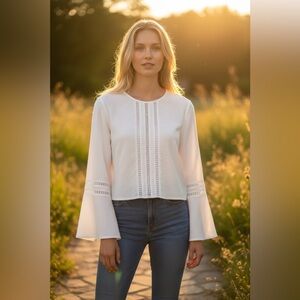 Express Eyelet Gauze Crew Neck Bell Sleeve Boho Romantic Small Top